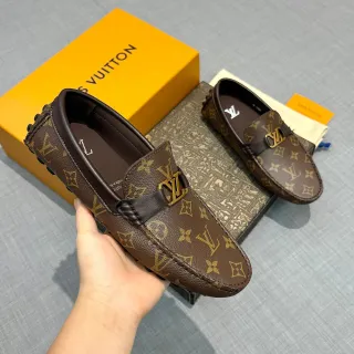 路易威登乐福鞋 棕色 金色 花纹 帆布 LV 扣 乐福鞋