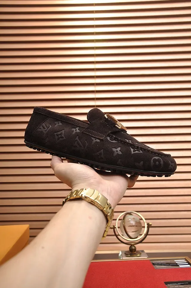 Louis Vuitton Loafer Brown Gold Monogrammed Suede Twist-Lock Buckle Loafer 7