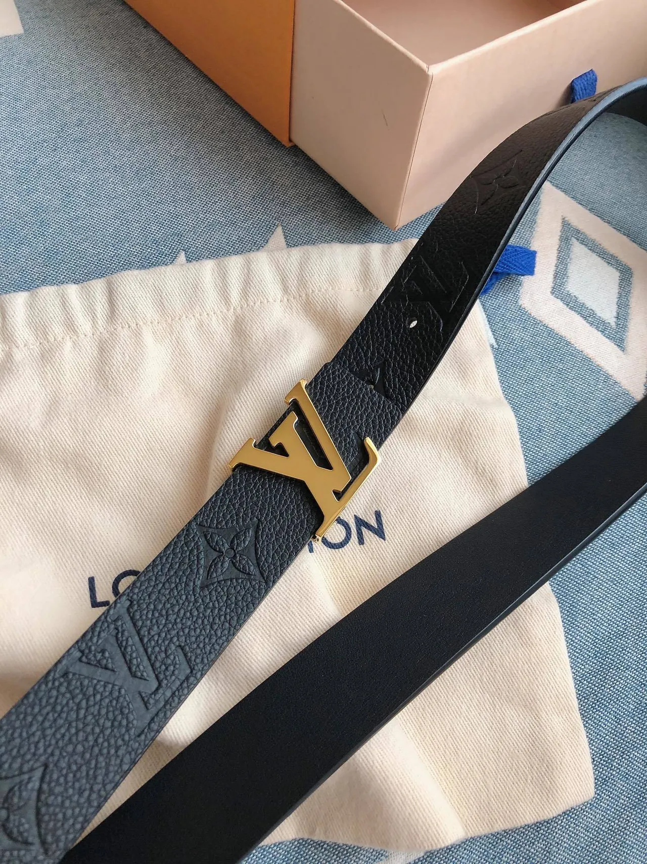 Louis Vuitton LV Belt Black Embossed Leather Gold-Tone Buckle Leather Belt 4