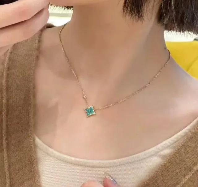 Louis Vuitton LV Flower Turquoise Enamel Quatrefoil Pendant Necklaces 9