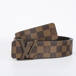 Louis Vuitton LV Initiales Brown Beige Damier Ebène Checkered Canvas Large Metallic Buckle Leather Belt