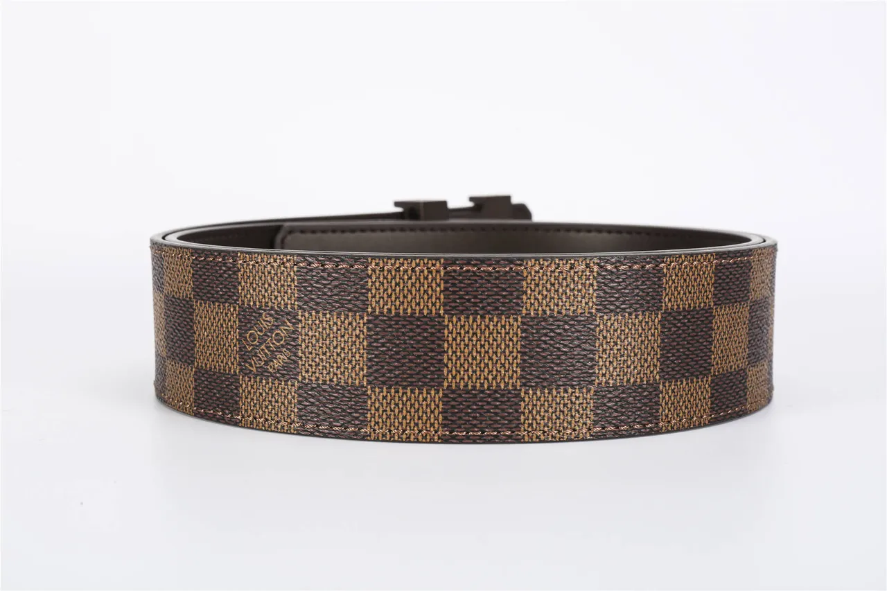 Louis Vuitton LV Initiales Brown Beige Damier Ebène Checkered Canvas Large Metallic Buckle Leather Belt 4