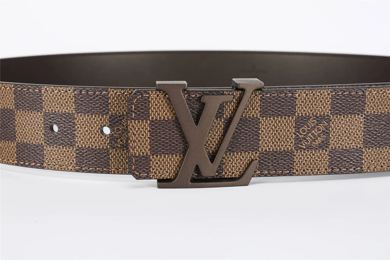 Louis Vuitton LV Initiales Brown Beige Damier Ebène Checkered Canvas Large Metallic Buckle Leather Belt 9