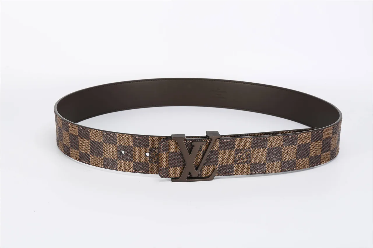 Louis Vuitton LV Initiales Brown Beige Damier Ebène Checkered Canvas Large Metallic Buckle Leather Belt 10