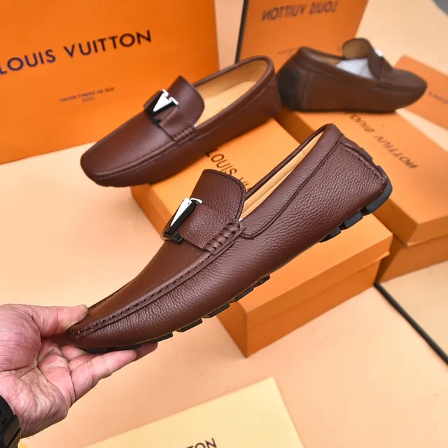 Louis Vuitton LV Loafer Brown Black Pebbled Leather Metal Buckle Strap Loafer 7
