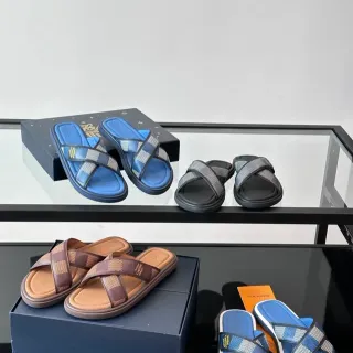 लुइस विटन LV Slide नीला-श्वेत क्रॉस-स्त्रैप वूवन-चेक स्लिपर्स