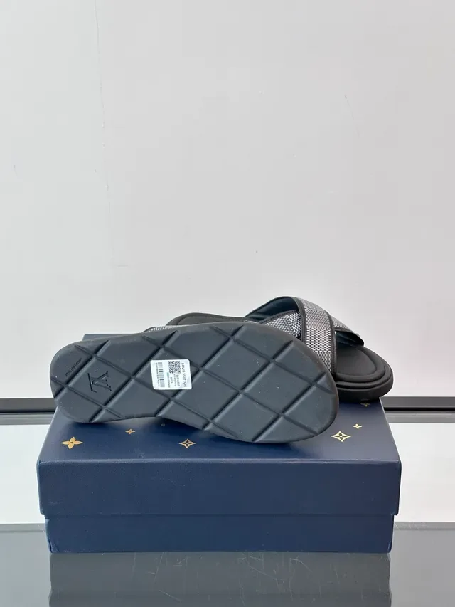 Louis Vuitton LV Slide Blue White Cross-Strap Woven-Check Slippers 3