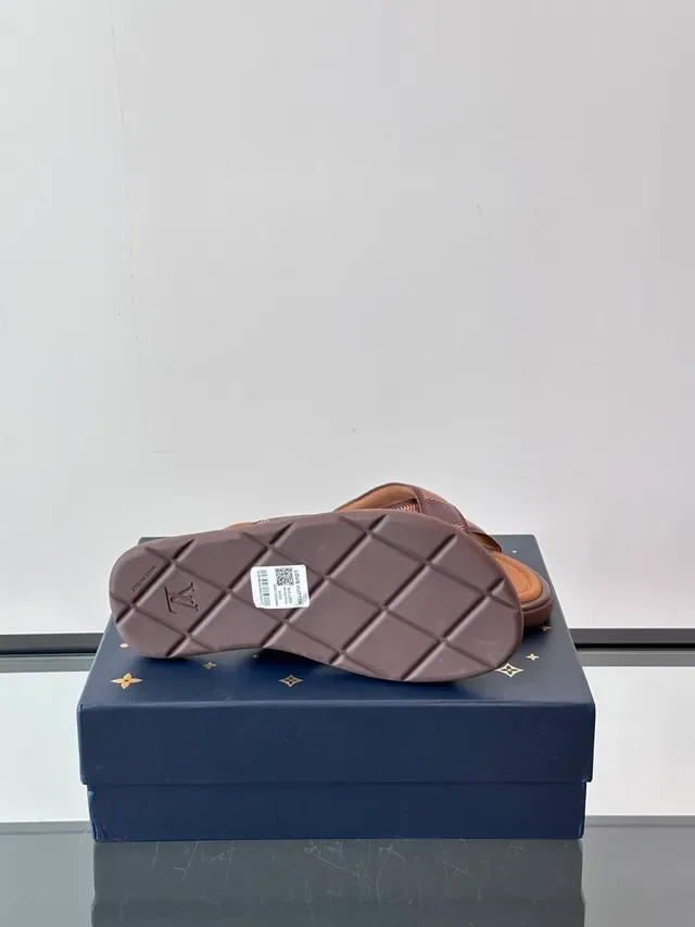 Louis Vuitton LV Slide Blue White Cross-Strap Woven-Check Slippers 4