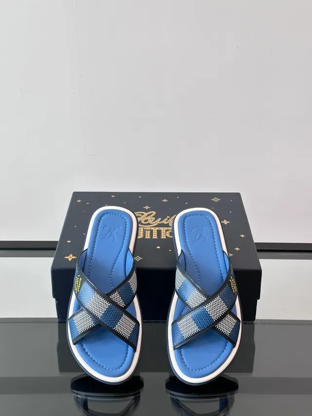 Louis Vuitton LV Slide Blue White Cross-Strap Woven-Check Slippers 5
