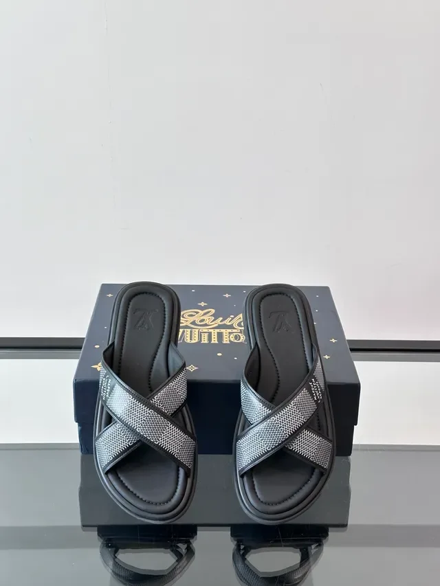 Louis Vuitton LV Slide Blue White Cross-Strap Woven-Check Slippers 7