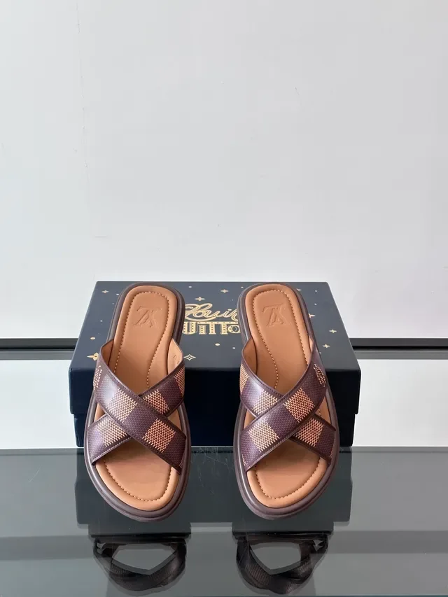 Louis Vuitton LV Slide Blue White Cross-Strap Woven-Check Slippers 8