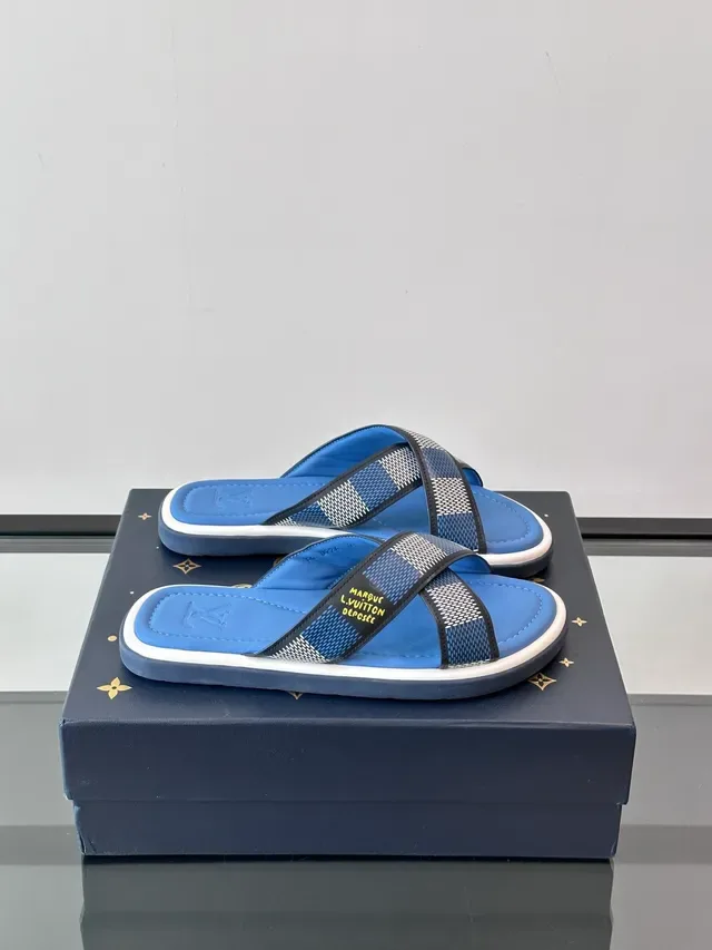Louis Vuitton LV Slide Blue White Cross-Strap Woven-Check Slippers 9