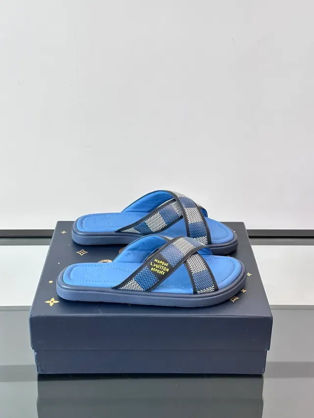 Louis Vuitton LV Slide Blue White Cross-Strap Woven-Check Slippers 10