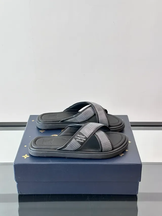 Louis Vuitton LV Slide Blue White Cross-Strap Woven-Check Slippers 11