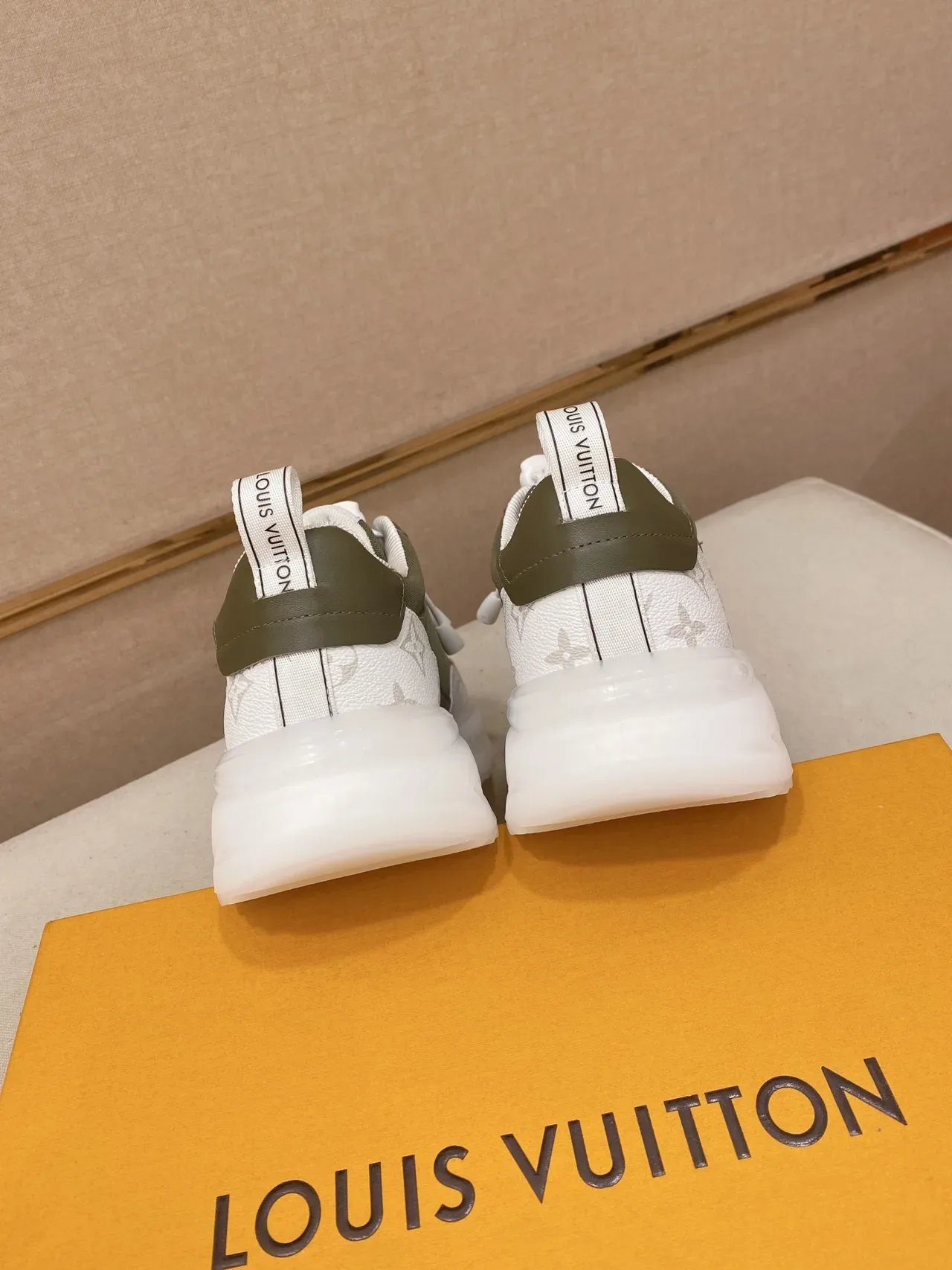 Louis Vuitton LV Trainer Army Green White Monogrammed Midsole Angular Side Logo Panel Chunky Sneakers 3