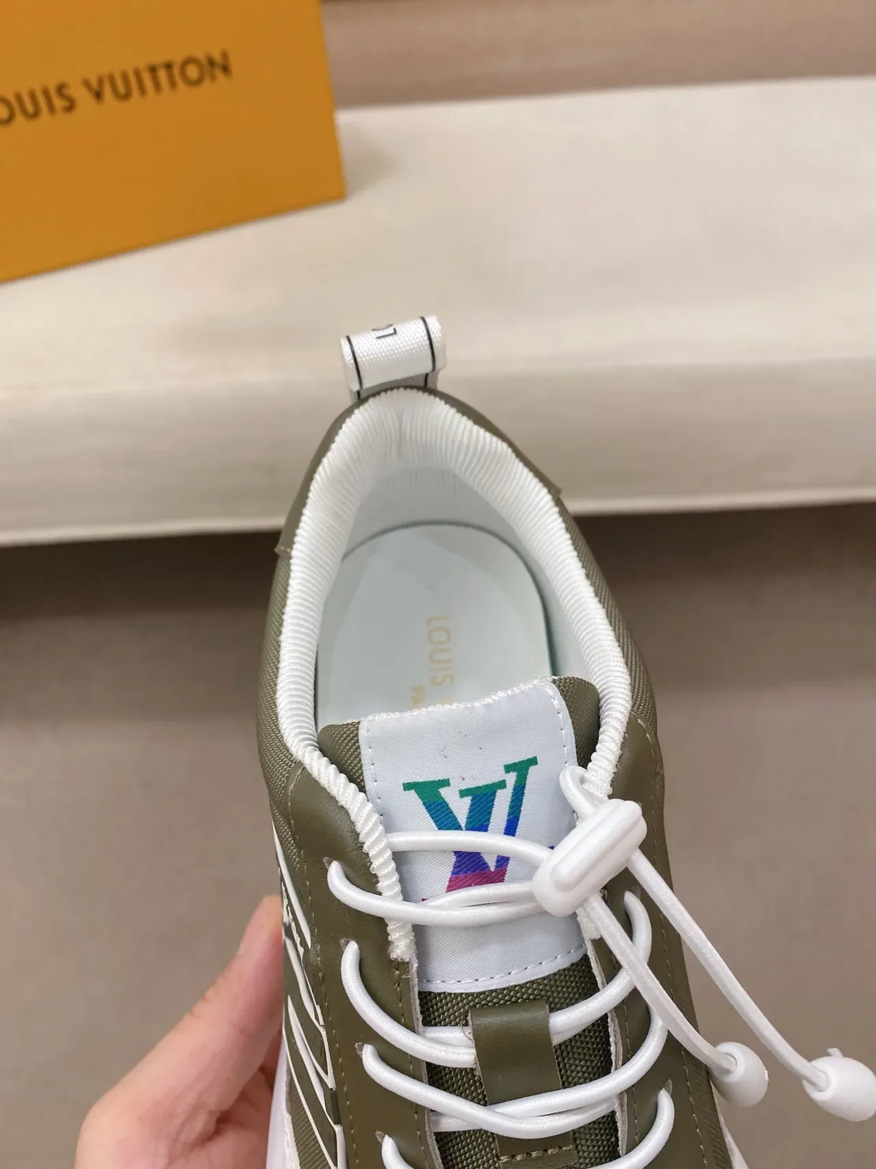 Louis Vuitton LV Trainer Army Green White Monogrammed Midsole Angular Side Logo Panel Chunky Sneakers 4