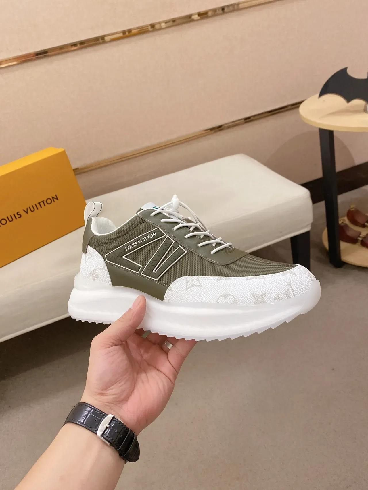 Louis Vuitton LV Trainer Army Green White Monogrammed Midsole Angular Side Logo Panel Chunky Sneakers 5