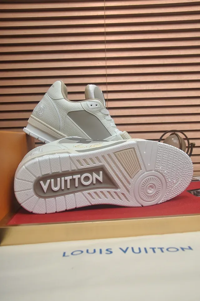 Louis Vuitton LV Trainer Beige Gray Leather-Paneled Strap-Closure Lifestyle Sneakers 3