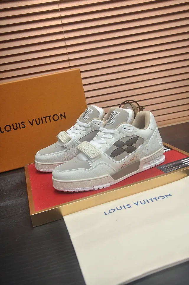 Louis Vuitton LV Trainer Beige Gray Leather-Paneled Strap-Closure Lifestyle Sneakers 4