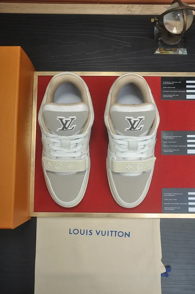 Louis Vuitton LV Trainer Beige Gray Leather-Paneled Strap-Closure Lifestyle Sneakers 5