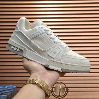 Louis Vuitton LV Trainer Beige White Textile Upper Layered Midsole Lifestyle Sneakers