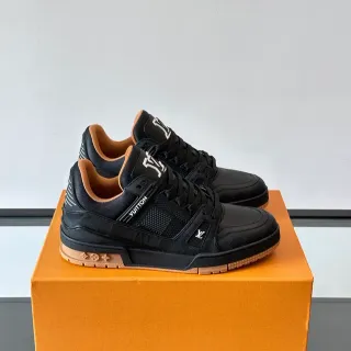 Louis Vuitton LV Trainer Negro Beige Estructura Jaula Superposición Paneles de Cuero Monogramados Zapatillas Lifestyle
