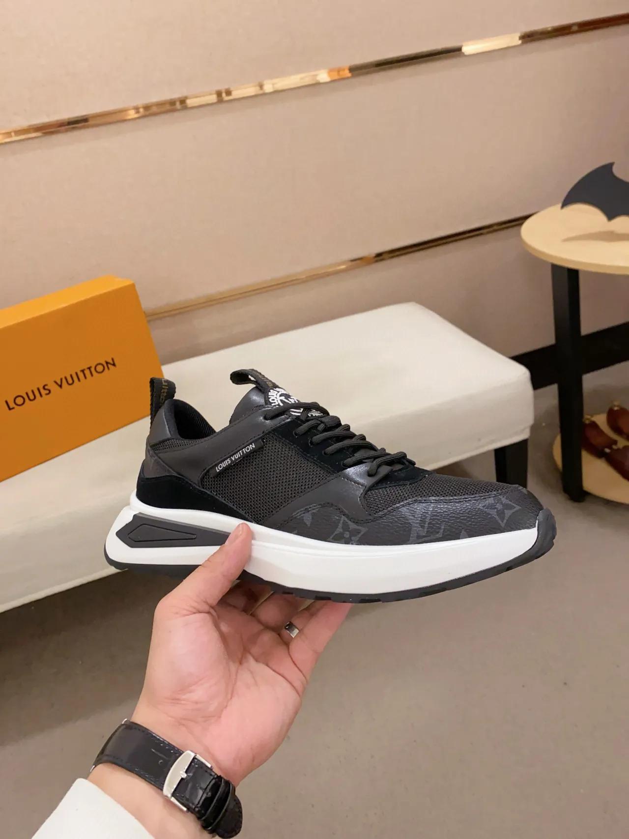 Louis Vuitton LV Trainer Black White Monogram-Print Mesh Leather Overlays Chunky Sneakers 4