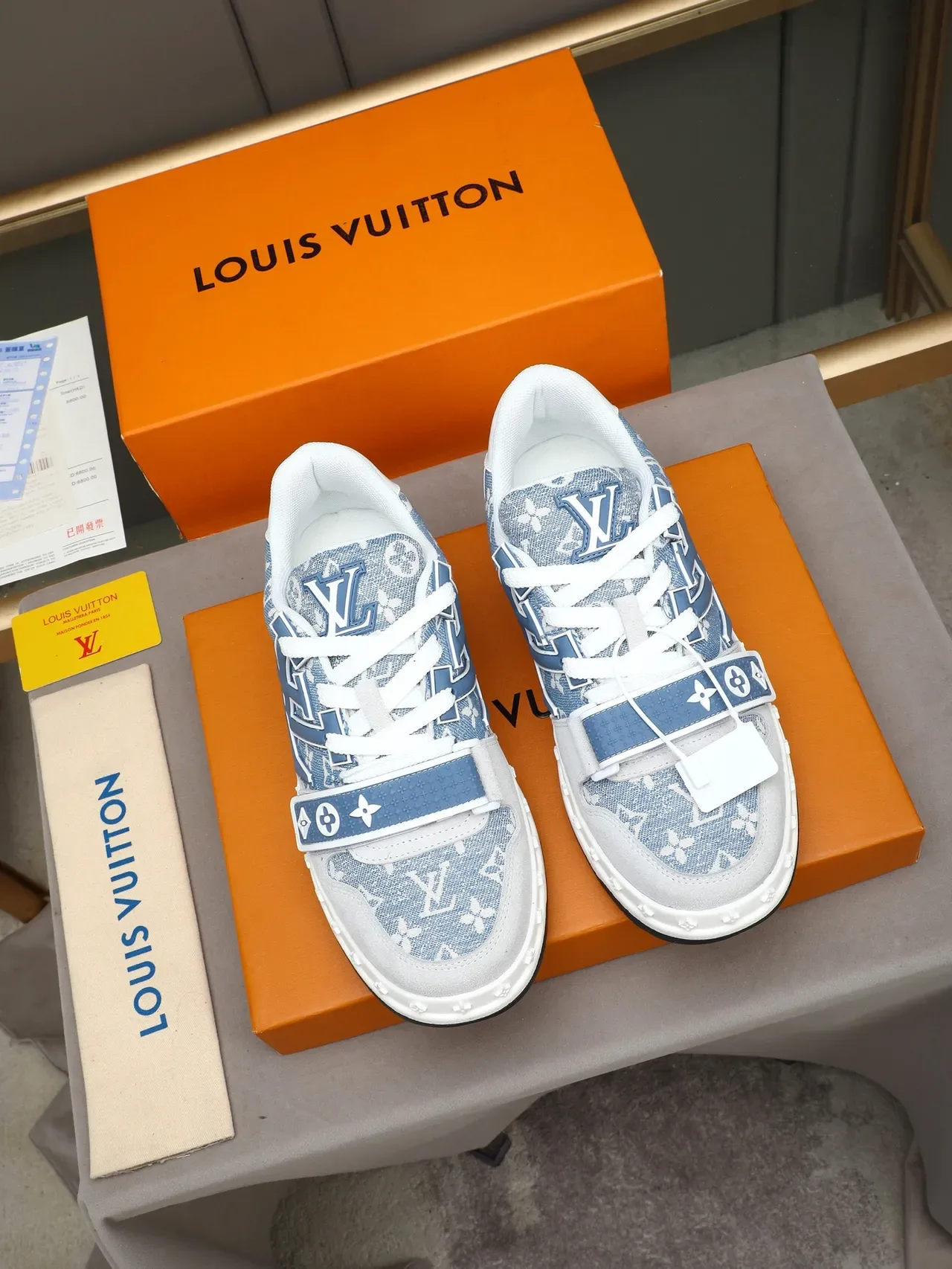 Louis Vuitton LV Trainer Blue White Monogrammed Canvas Dual Strap Closure Lifestyle Sneakers 3