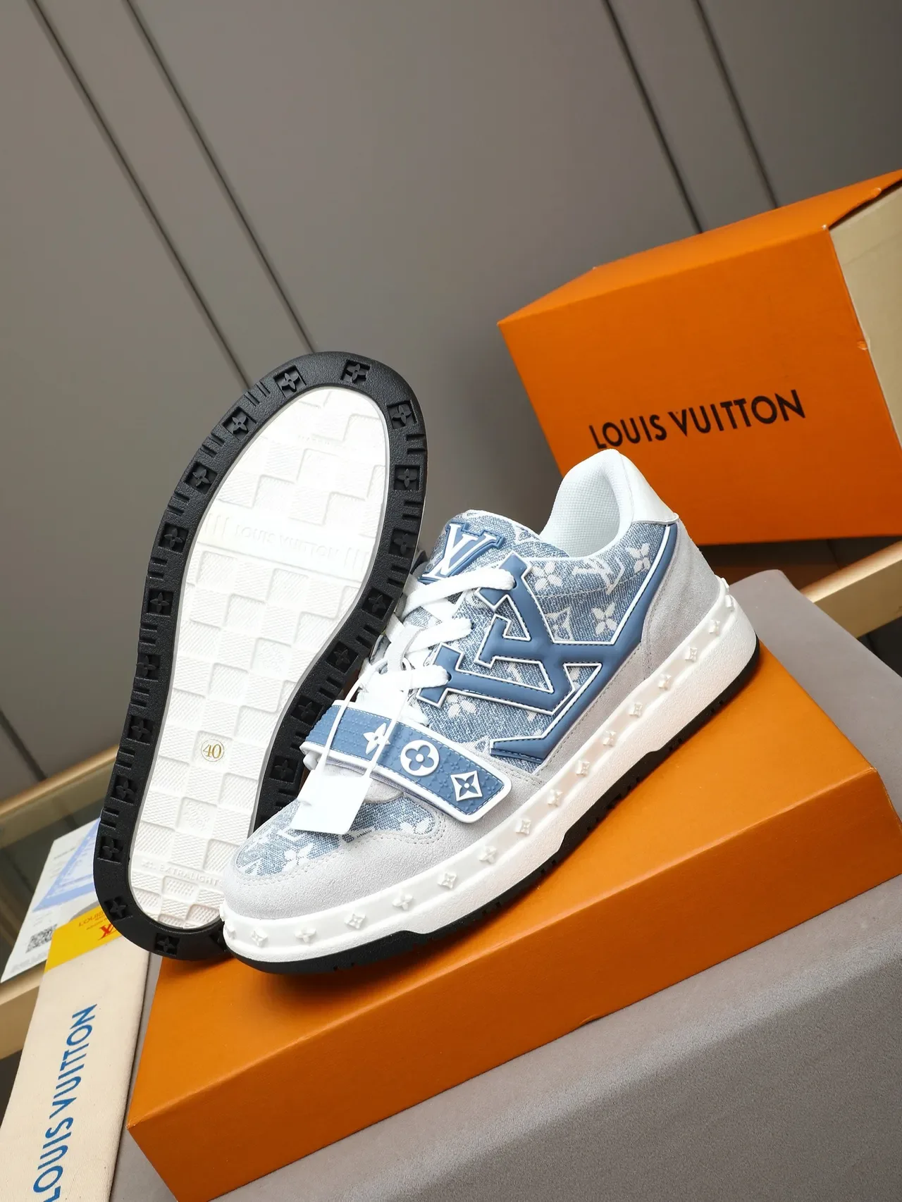 Louis Vuitton LV Trainer Blue White Monogrammed Canvas Dual Strap Closure Lifestyle Sneakers 4