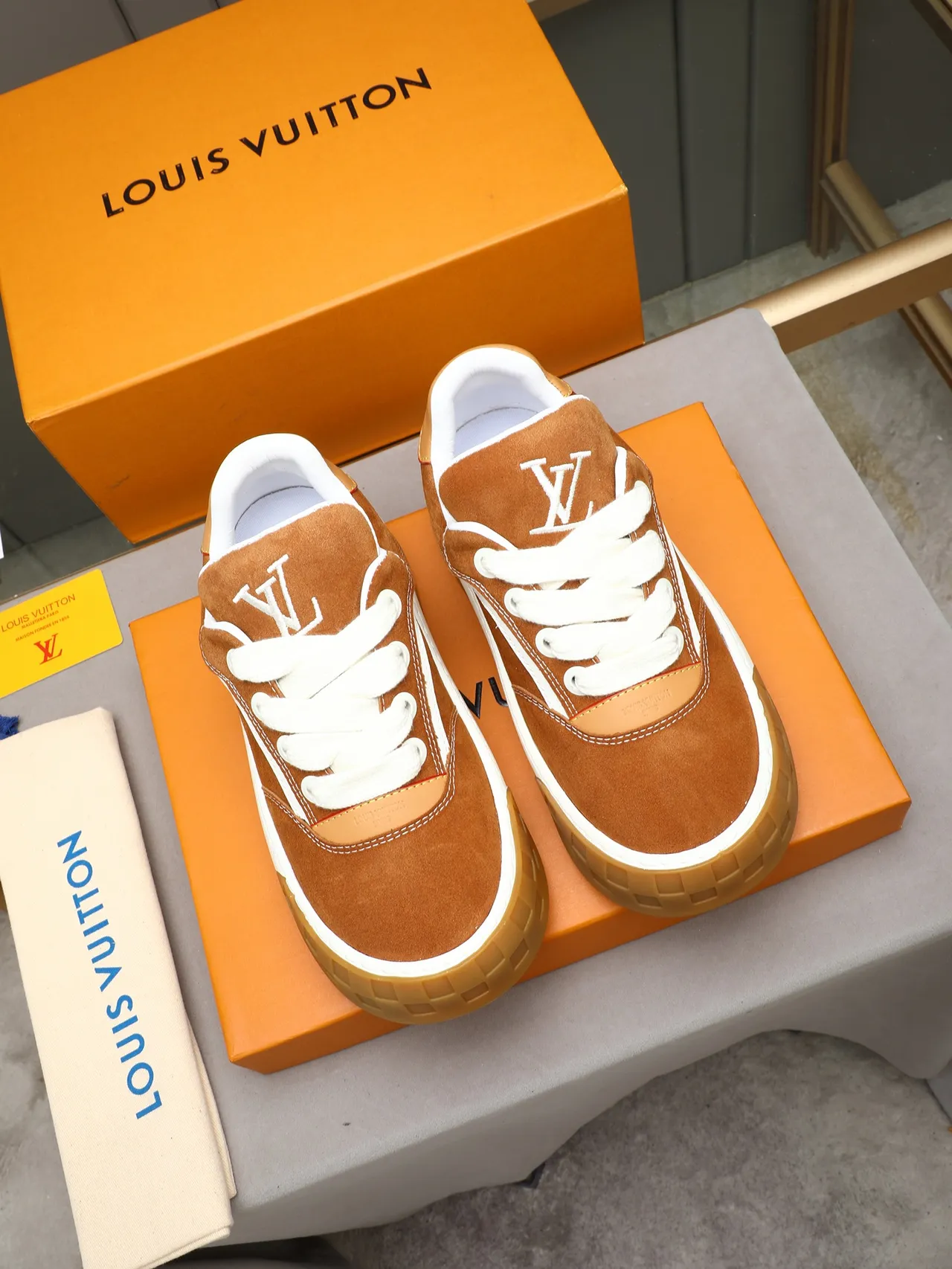 Louis Vuitton LV Trainer Brown Beige Suede Upper White Leather Side Stripe Lifestyle Sneakers 2