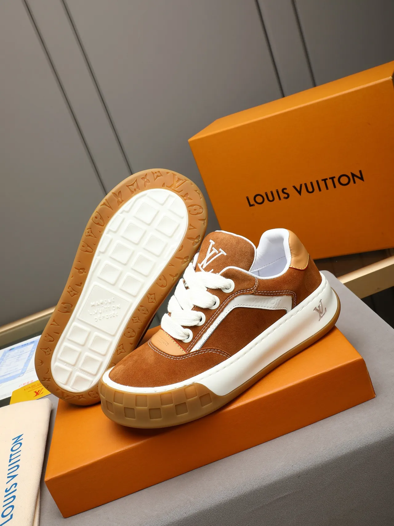 Louis Vuitton LV Trainer Brown Beige Suede Upper White Leather Side Stripe Lifestyle Sneakers 4