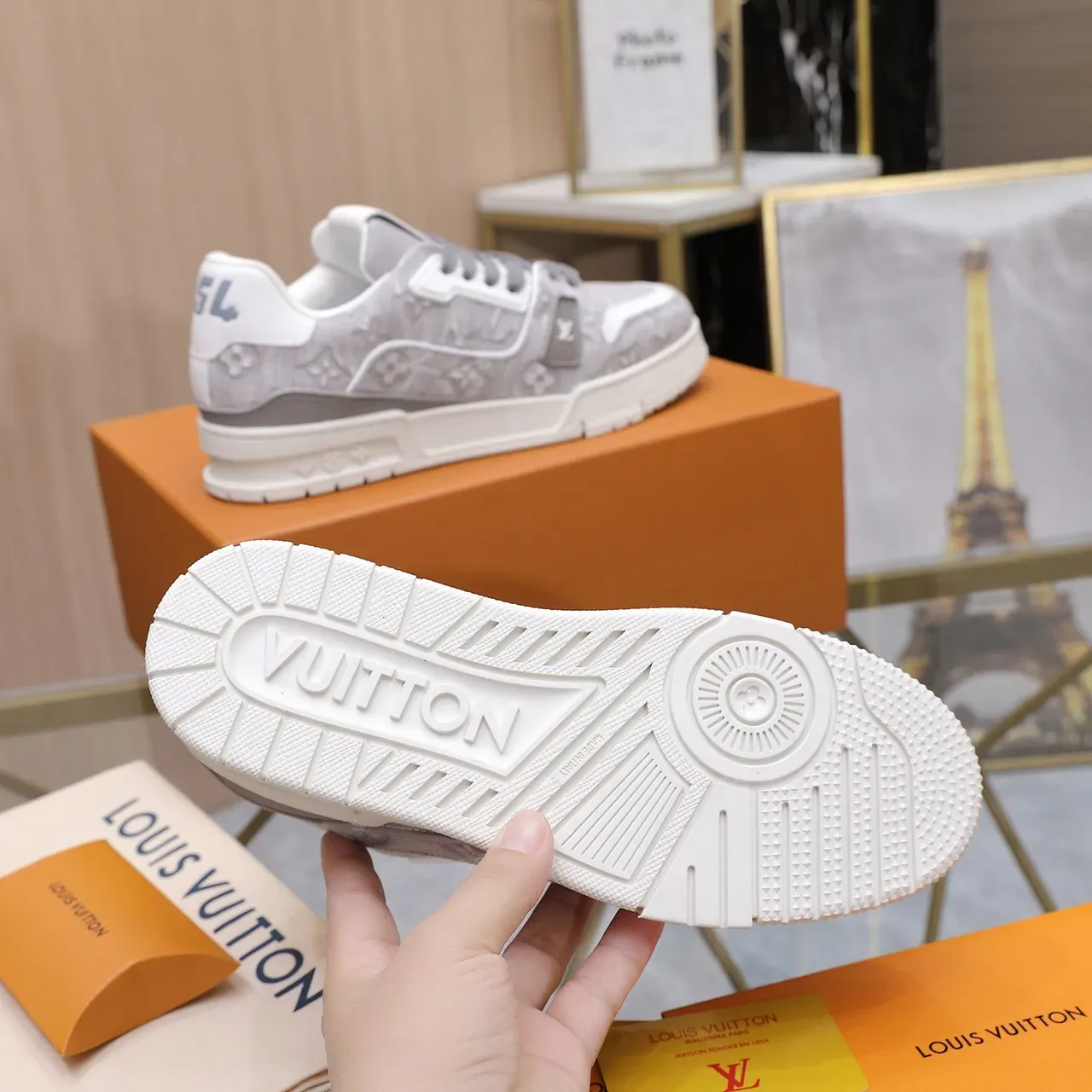 لويس فيتون LV Trainer رمادي أبيض Monogram Jacquard سولا طبقات علوية Lifestyle Sneakers 4