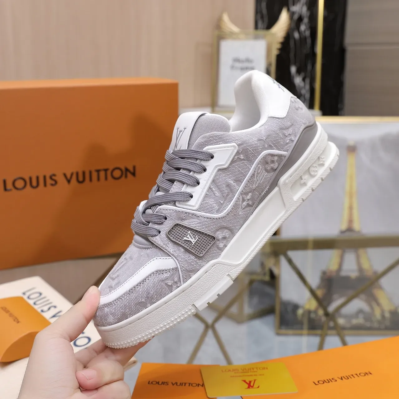 لويس فيتون LV Trainer رمادي أبيض Monogram Jacquard سولا طبقات علوية Lifestyle Sneakers 5