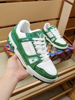 Louis Vuitton LV Trainer Green White Monogrammed Textile Contrast-Color Paneling Lifestyle Sneakers 1
