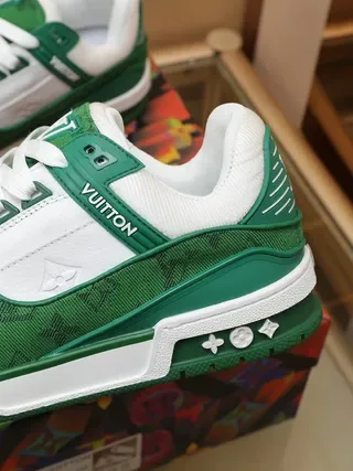 Louis Vuitton LV Trainer Green White Monogrammed Textile Contrast-Color Paneling Lifestyle Sneakers 3