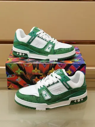 Louis Vuitton LV Trainer Green White Monogrammed Textile Contrast-Color Paneling Lifestyle Sneakers 6