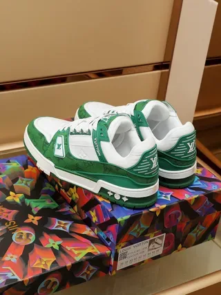 Louis Vuitton LV Trainer Green White Monogrammed Textile Contrast-Color Paneling Lifestyle Sneakers 9