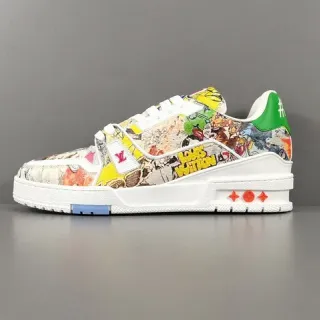 Louis Vuitton LV Trainer Multicolor Blanco Impresión Cómic Superior Escultido Planta Media Sneakers Estilo de Vida