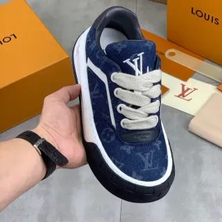 Louis Vuitton LV Trainer Navy White Monogram Denim Canvas Side Stripe Lifestyle Sneakers