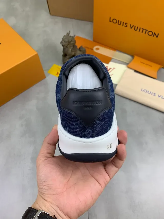 Louis Vuitton LV Trainer Navy White Monogram Denim Canvas Side Stripe Lifestyle Sneakers 4