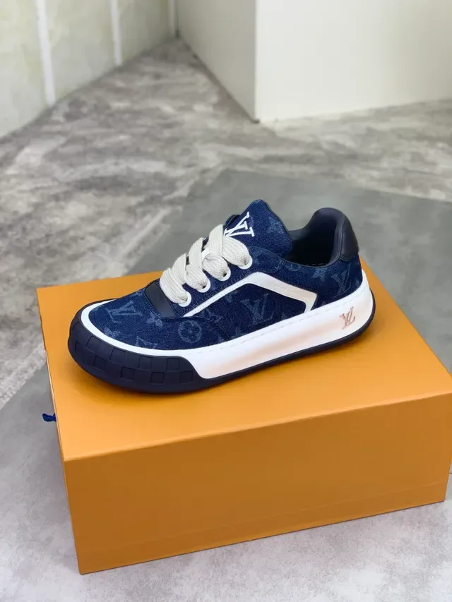 Louis Vuitton LV Trainer Navy White Monogram Denim Canvas Side Stripe Lifestyle Sneakers 5