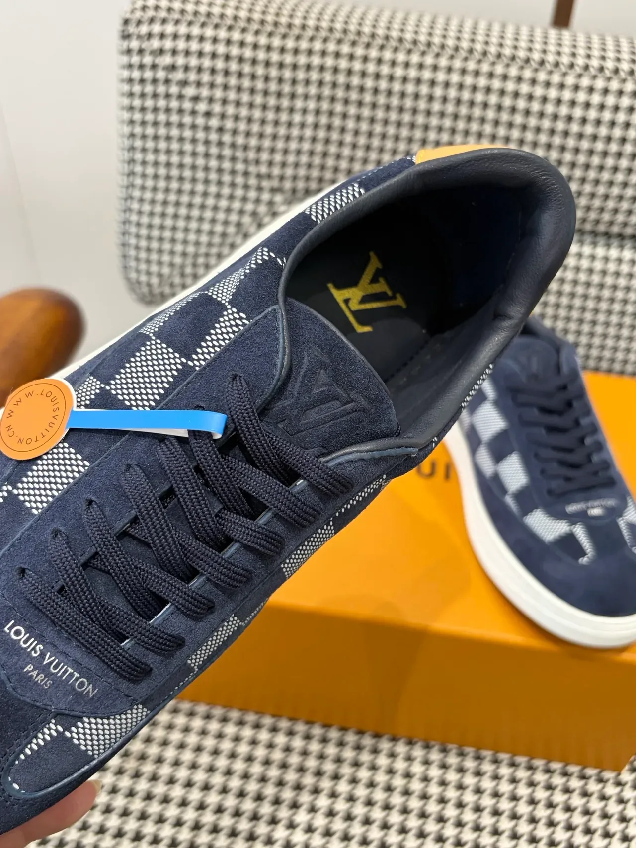 Louis Vuitton LV Trainer Navy White Suede Upper Checkerboard Jacquard Panel Lifestyle Sneakers 2