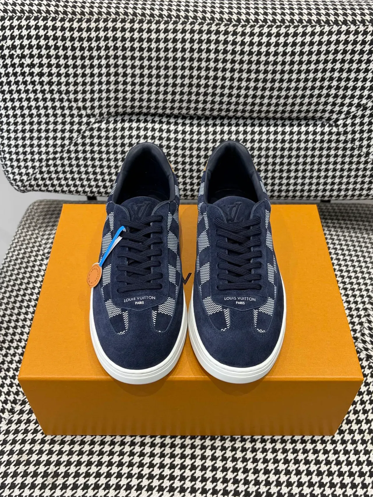 Louis Vuitton LV Trainer Navy White Suede Upper Checkerboard Jacquard Panel Lifestyle Sneakers 5