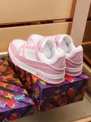 Louis Vuitton LV Trainer Pink White Layered Leather And Textile Upper Rectangular Logo Strap Lifestyle Sneakers 2