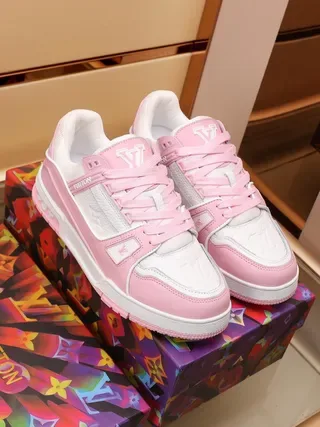 Louis Vuitton LV Trainer Pink White Layered Leather And Textile Upper Rectangular Logo Strap Lifestyle Sneakers 4