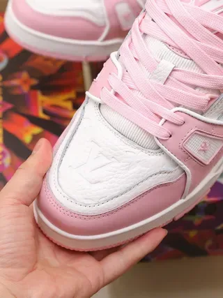 Louis Vuitton LV Trainer Pink White Layered Leather And Textile Upper Rectangular Logo Strap Lifestyle Sneakers 5
