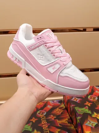 Louis Vuitton LV Trainer Pink White Layered Leather And Textile Upper Rectangular Logo Strap Lifestyle Sneakers 7