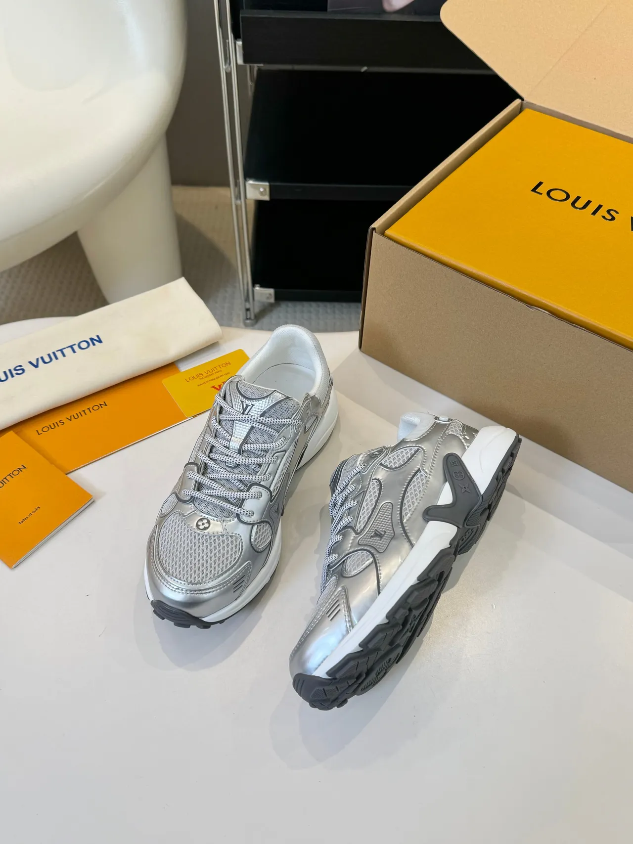 Louis Vuitton LV Trainer Silver White Metallic Upper Mesh And Patent Overlays Chunky Sneakers 3