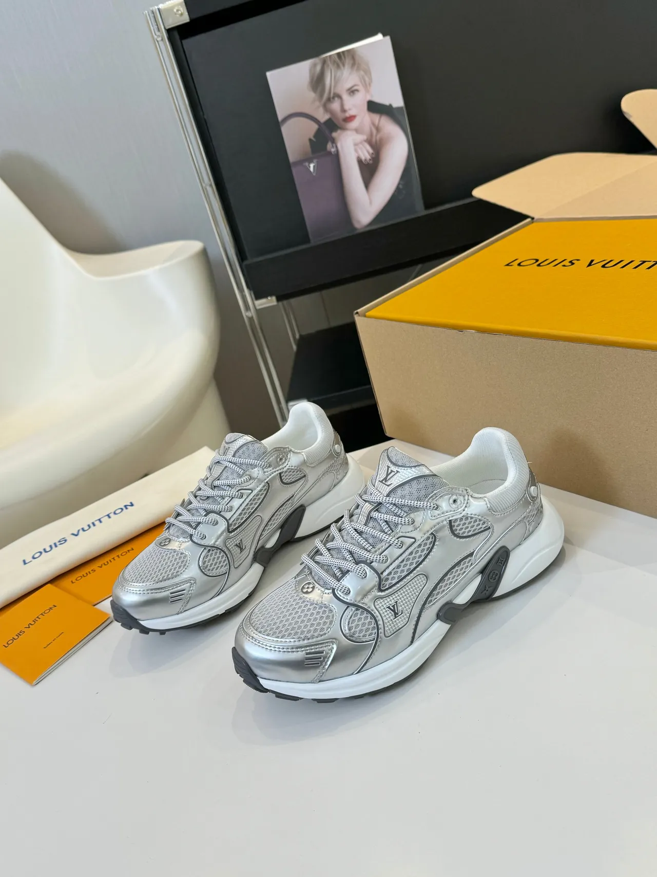 Louis Vuitton LV Trainer Silver White Metallic Upper Mesh And Patent Overlays Chunky Sneakers 4