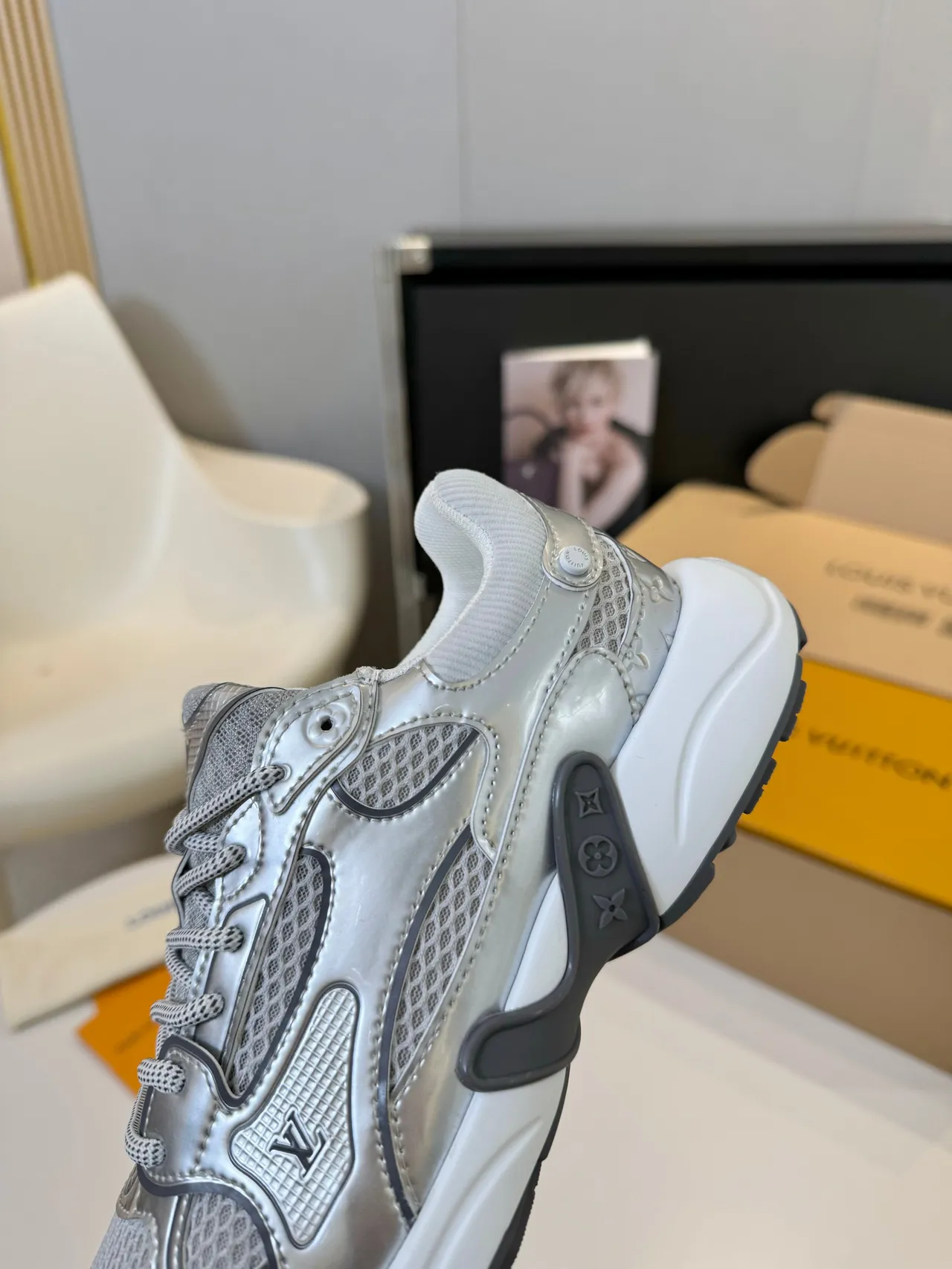 Louis Vuitton LV Trainer Silver White Metallic Upper Mesh And Patent Overlays Chunky Sneakers 5